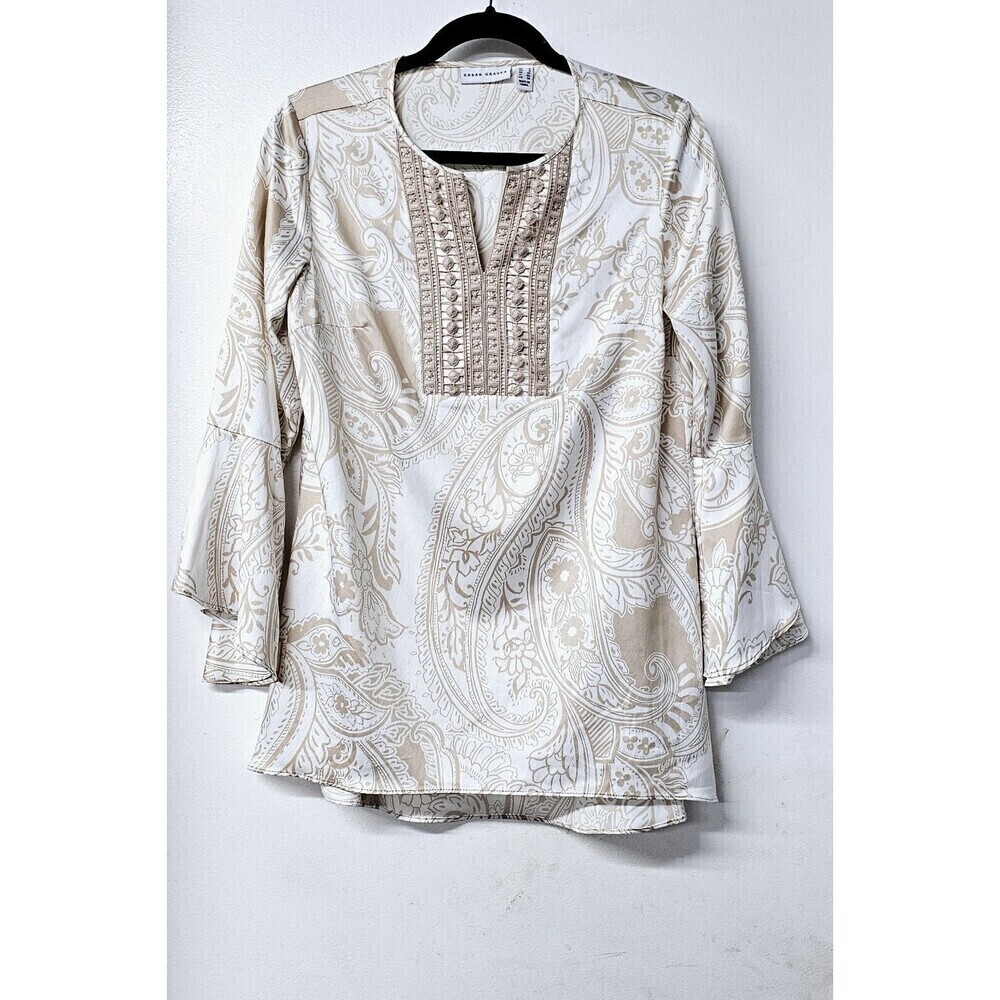 SUSAN GRAVER Tan Printed Lace Super Soft Bell Long Sleeve Boho Tunic Shirt (2)
